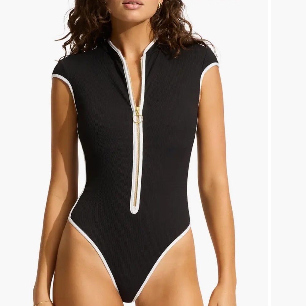 Seafolly Black One-Piece Swimsuit with White Trim and Front Zip